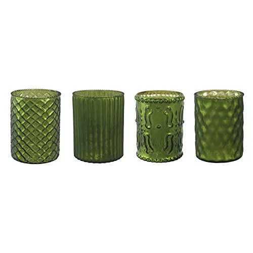 Unbekannt Glas- TEELICHT mit DEKOR ca 10 cm. 4 STÜCK. Teelichtglas teilw. verspiegelt. GRÜN -50