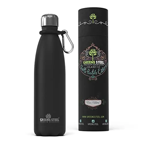 Greens Steel Edelstahl Trinkflasche - 500 ml, Schwarz I Doppelwandige vakuumisolierte Wasserflasche I Mit Karabiner & Geschenkbox I Wiederverwendbar & auslaufsicher für Erwachsene & Kinder, BPA frei