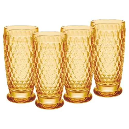 Villeroy & Boch Boston Coloured Longdrinkglas 400 ml 4er Set - Saffron - Gläser - 4er Set farbenfrohe Longdrinkgläser mit Facettenmuster, ideal für stilvolle Getränke und spülmaschinengeeignet, perfekt für Gartenpartys oder Picknicks.