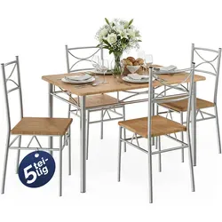 Casaria Essgruppe Paul, 5-tlg. Sitzgruppe für Esszimmer - Essgruppe für 4 Personen, robustes Design aus Holz und Metall in Braun, ideal für gemütliche Familienessen.