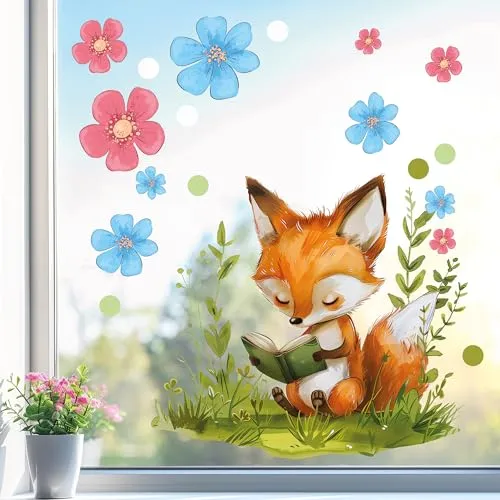 Sunnywall Fensterbild Fensterdeko Fuchs Buch Fensteraufkleber statisch selbstklebend beidseitiger Druck Aufkleber Fenstersticker WIEDERVERWENDBAR A3