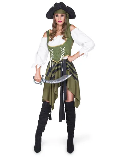 REDSUN Piraten-Kostüm Verführerische Piratin Seeräuberin Damenkostüm khaki-schwarz-weiss