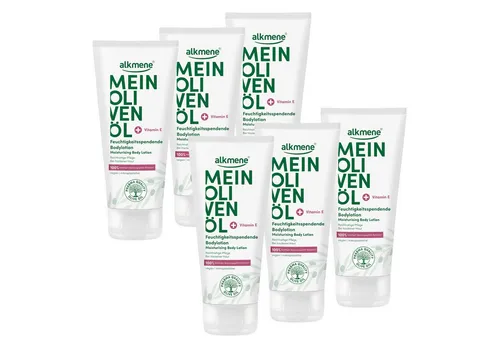 alkmene Bodylotion für trockene Haut 6x200ml - Körperlotion mit 100% Wirksamkeit gegen Spannungsgefühle, angereichert mit Olivenöl & Vitamin E für intensive Feuchtigkeit und Schutz vor Austrocknen. Vegan und dermatologisch getestet.