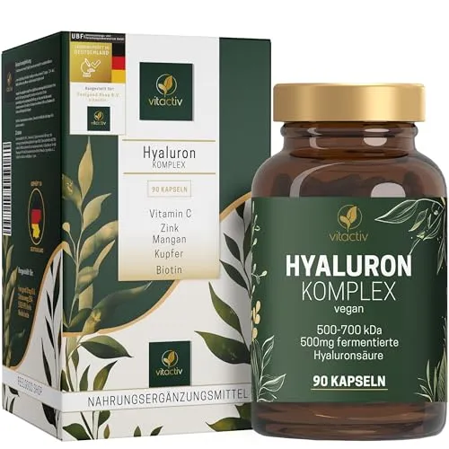 VITACTIV Hyaluron Komplex - Hyaluron Kapseln Hochdosiert, 500 mg Hyaluronsäure - 500-700 kDa, Vegan - Mit Vitamin C, Zink, Mangan, Kupfer, Biotin u.v.m. - Laborgeprüft, aus DE - 90 Stück (3 Monate)