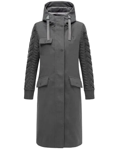 Navahoo Damen Trenchcoat in Woll-Optik mit Strick-Ärmeln und Kapuze - Funktionsjacken: Eleganter Damenmantel mit trendigen, gestrickten Ärmeln für extra Wärme und Stil, ideal für kühle Tage.