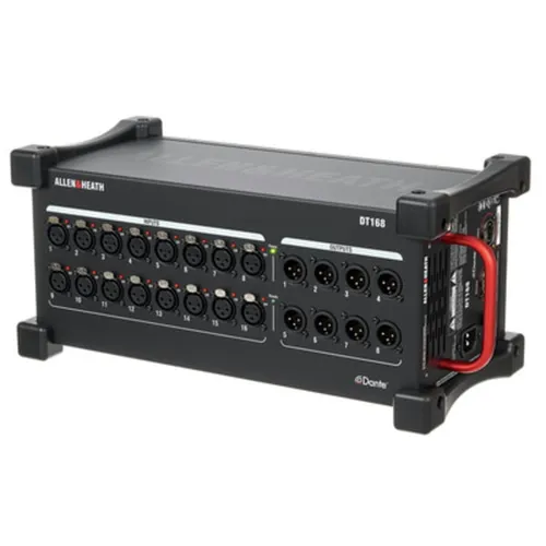 Allen & Heath DT-168 Stagebox mit Dante - Dante Audio Expander mit 16 Mikrofonvorverstärkern und 8 Ausgängen. Ideal für tragbare Anwendungen, bietet erstklassige Klangqualität und flexible Integration in bestehende Systeme.