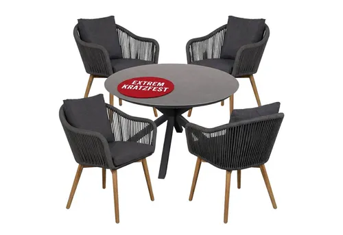MR.DEKO Gartenlounge-Set Diningsessel Solana mit Tisch Almeria - Elegantes Garten-Lounge-Set mit 4 Diningsesseln und runden Tisch (120 cm) – witterungsbeständig und versandkostenfrei für entspannte Stunden im Freien.