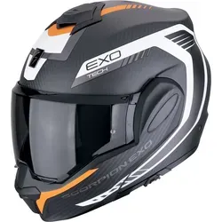 Scorpion EXO-Tech Evo Carbon Cosy Modularhelm - Matt Schwarz/Weiß/Orange - Motorradhelm mit ultraleichter Carbon-Verbundschale, dual-homologiert für maximale Sicherheit und vielseitigen Einsatz. Inklusive beschlagfreiem Pinlock Visier und klappbarem Sonnenvisier für besten Komfort.