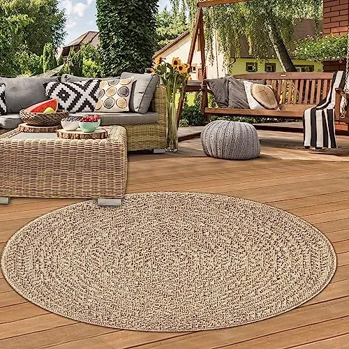 Teppich-Traum Outdoor Teppich außen rund wetterfest Sisal-Optik Garten Dachterrasse Balkon 80 cm Durchmesser
