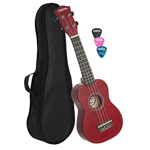Cascha Sopran Ukulele Rot - Sopran-Ukulele in Rot, ideal für Einsteiger und Musikliebhaber, mit hochwertigen AQUILA Saiten und inklusive Gigbag für einfache Mitnahme.