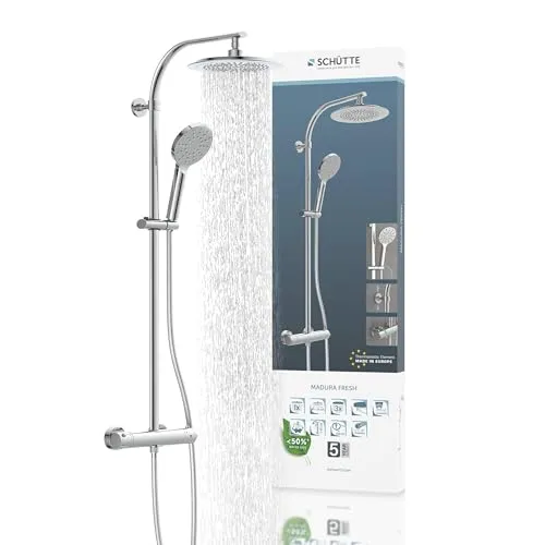 Schütte MADURA FRESH Regendusche mit Thermostat Duscharmatur - Brausegarnituren mit großformatiger Kopfbrause (Ø 24 cm) und 3 Strahlarten für individuelles Duscherlebnis. Inklusive Thermostat für konstante Wassertemperatur und Sicherheitsfunktion gegen Verbrühungen.