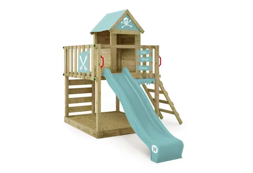 Wickey Spielturm Smart Life Abenteuer-Stelzenhaus mit Rutsche & Sandkasten - Robuster Kletterturm aus kesseldruckimprägniertem Massivholz, mit 10 Jahren Garantie*. Ausgestattet mit Wellenrutsche und integriertem Sandkasten für grenzenlosen Spielspaß!