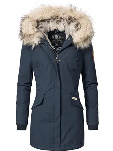 Navahoo Damen Winter Kurzmantel Cristal Blau XXL - Funktionsjacke mit abnehmbarer Kapuze und Kunstfellrand, hält warm und ist ein Figurschmeichler mit tailliertem Schnitt - ideal für kalte Tage.