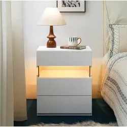 Nachttisch Holzwerkstoff Weiß Mit 3 Schubladen, Acrylblende Und Rgb-led-beleuchtung, Vielseitig Einsetzbar