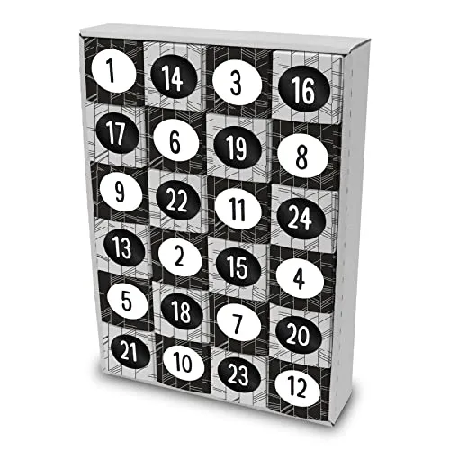 itenga Adventskalender zum Füllen aus Karton 41,5x28cm 24 Schachteln zum Befüllen Würfel Form 6,5x6,5cm schwarz weiß mit Zahlenstickern