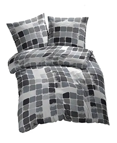 etérea Microfaser Bettwäsche 135x200 2er Set - Ganzjahres Bettbezug - Punkte Karos Set mit Kissen 135x200cm + 80x80 cm Kissen - Grau