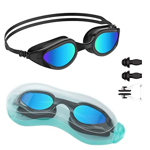 Tuocal Schwimmbrille, Anti Beschlag Kein Auslaufen UV Schutz Wasserdicht Schwimmbrille mit weichem Silikon Nasensteg für Erwachsene Damen Herren Frauen Männer Jugendliche Kinder,Schwarz & Blau