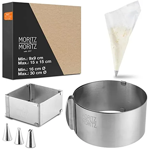 Moritz & Moritz Backrahmen Set Rund & Eckig – Verstellbare Backrahmen 9-15cm und Tortenring Ø 16-30cm aus Edelstahl mit Backzubehör – Mit 10 Spritzbeuteln und 3 Aufsätzen