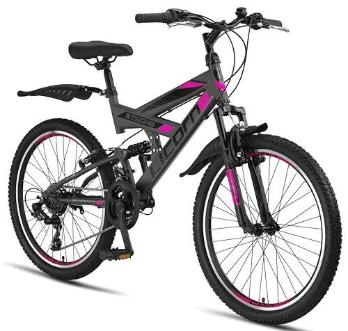 Licorne Bike Strong V Premium Mountainbike 24 Zoll - Allround Fahrrad für alle - Mountainbike mit 21 Gang-Schaltung und Vollfederung für optimalen Fahrkomfort und höchste Flexibilität. Ideal für den täglichen Gebrauch und Abenteuer in den Bergen.
