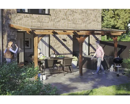 Terrassenüberdachung SKAN HOLZ Rimini 541x350 cm - Markise & Terrassenüberdachung, hochwertige Holzüberdachung in eleganter Nußbaumfarbe für perfekten Wetterschutz und stilvolle Gestaltung Ihres Außenbereichs.