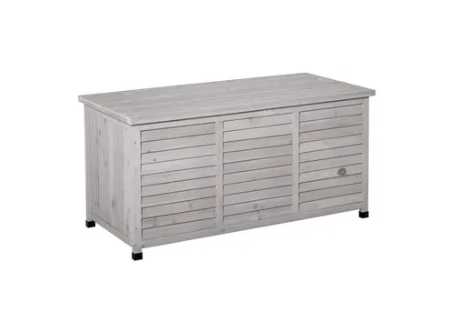 furnicato Garten-Geräteschrank Grau 127x56x60 cm aus Massivholz - Praktische Gartenbox mit 127L Stauraum für Werkzeuge und Kissen. Robuste Konstruktion aus Fichtenholz mit wasserabweisender Beschichtung. Ideal als Werkbank oder Sitzbank, bietet sie vielseitige Nutzungsmöglichkeiten für deinen Garten.