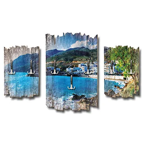 Kreative Feder 3-teilige Designer Wandgarderobe Fischerdorf Kreta - Flurgarderobe Wandpaneele Größe 95x60cm aus MDF (Fischerdorf Kreta)