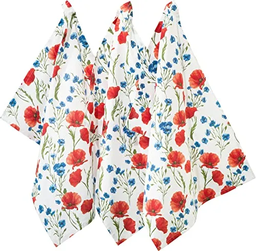 REDBEST Geschirrtuch, Trockentuch Mohnblume 3er- Pack, 100% Baumwolle Größe Mohnblume Größe 50x70 cm - robustes, glattes Gewebe, besonders saugstark, langlebig, mit Aufhängung