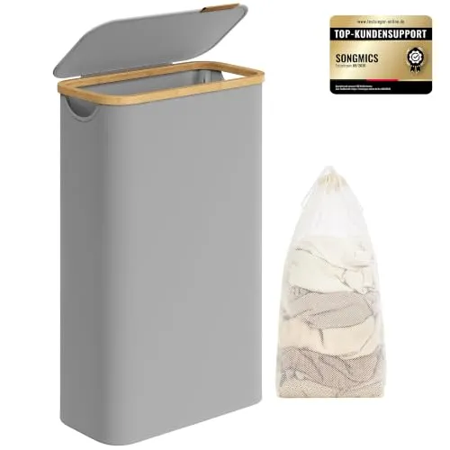 SONGMICS Wäschekorb mit Deckel, faltbar, 65 L, Oxford-Gewebe | Wäsche Organizer, 42 x 22,5 x 70,5 cm, herausnehmbarer Wäschesack, Taubengrau und Naturbeige, ROXANNE Kollektion, LCB506G01