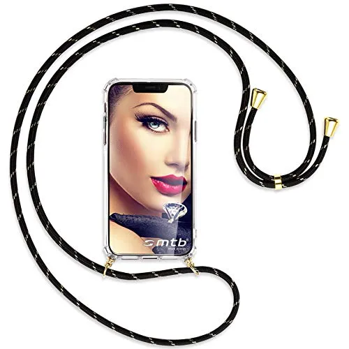 mtb more energy® Handykette kompatibel mit Samsung Galaxy A55 - Schwarz+Gold gestreift/Goldfarbene Ösen - Smartphone Hülle zum Umhängen - Anti Shock Full TPU Case