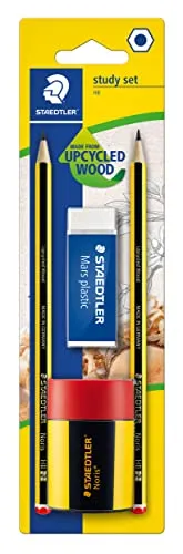 STAEDTLER Study Set mit 2 x Noris 120 Bleistifte Made from Upcycled Wood in Härtegrad HB, 1 x Mars Plastic Radierer und 1 x Noris Spitzdose, hohe Qualität Made in Germany, 120 511BKD