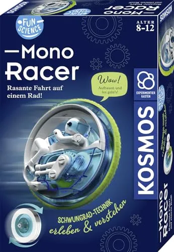 KOSMOS 645342 Fun Science - Mono-Racer, rasante Fahrt auf einem Rad, Schwungrad-Technik erleben und verstehen, Physik Experimentierkasten für Kinder von 8-12 Jahre