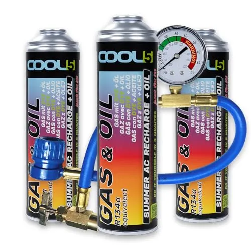 Cool5 Ersatzkältemittel r134a für Autoklimaanlagen – 3 Dosen 2in1, 290g + Druckleitung mit Manometer