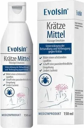 Evolsin Krätze Mittel Emulsion - Arzneimittel zur unterstützenden Behandlung von Krätze, bildet einen schützenden Lipidfilm auf der Haut und lindert Juckreiz.