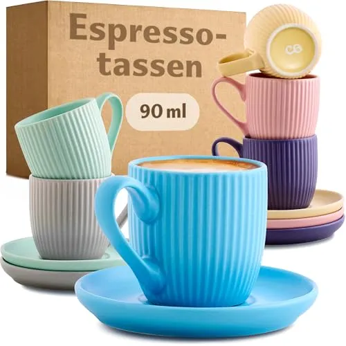 Cosumy Espressotassen Bunt mit Untertassen 6er Set - Modernes Streifenmuster - Espresso- & Mokkatassen Set in edlem Pastell: 6 Tassen mit Untertassen, spülmaschinen- und mikrowellenfest, für stilvollen Genuss und gemütliche Momente.