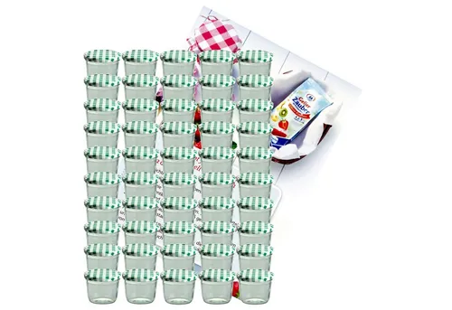MamboCat Einmachglas 50er Set Sturzglas 230 ml - Einmachgläser für die perfekte Konservierung, inkl. 50 grün karierter Deckel und GRATIS Rezeptheft für kreative Ideen. Ideal zum Einkochen von Marmelade, Mus und mehr.
