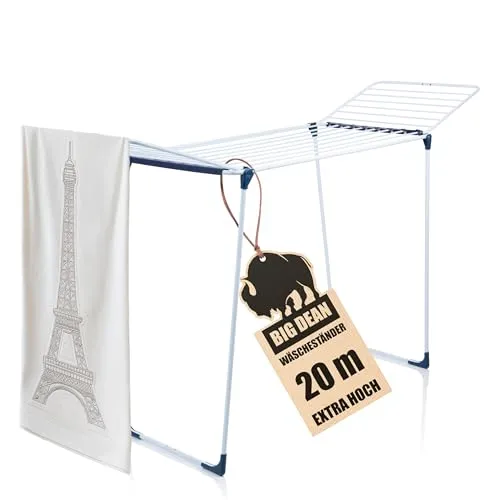 BigDean Wäscheständer 20m extra hoch - Wäschetrockner Made in Europe - Standtrockner mit 20m Trockenlänge und extra dicken Leinen, die Faltenbildung verhindern und das Bügeln erleichtern. Ideal für lange Kleidung und platzsparend zusammenklappbar.