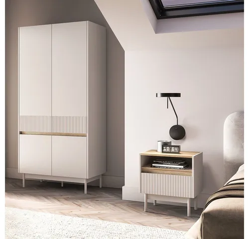 Lomadox Schlafzimmer-Set DINAR-131, (Spar-Set, 2-tlg., Kleiderschrank Sideboard), kaschmir matt Eiche-Dekor modern Metallfüße grifflos Rillen