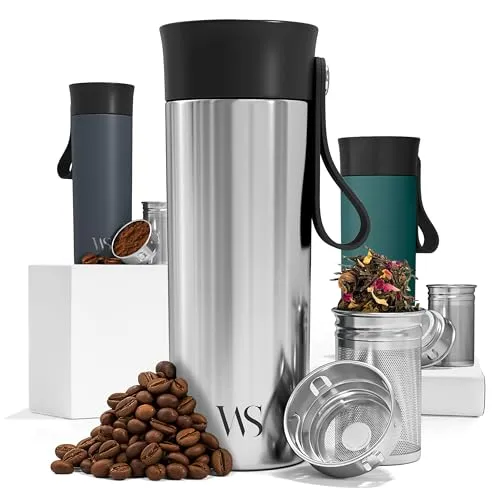 Thermobecher Kaffee To Go Kaffeebecher Edelstahl 360ml + Trageriemen & Tee-Infuser - Trinkbecher Cafe Tee Auslaufsicher BPA-frei | 6h Heiß 10h Kalt Vakuum-Isolierbecher Coffee Travel Mug Thermosbecher