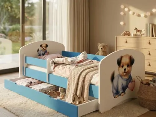 Juniorbett 144x82 cm Happy inkl. Bettkasten | Kinderbett mit Rausfallschutz in Blau