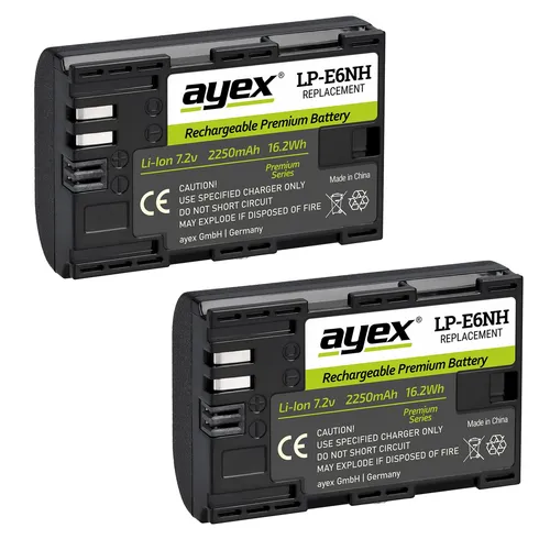 ayex Premium-Akku LP-E6NH für Canon EOS Kameras - Hochleistungs-Akku für Canon EOS 6D, 7D, 5D, 60D, 70D, 80D, 90D und R-Serie, ideal für längere Foto-Sessions ohne Unterbrechung.