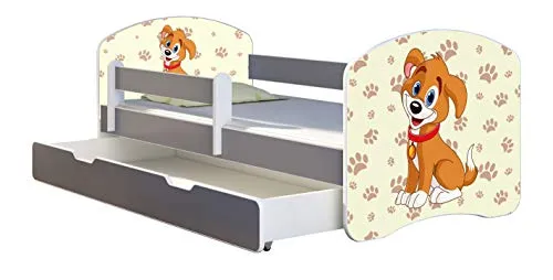 ACMA Kinderbett Jugendbett mit Einer Schublade und Matratze Grau mit Rausfallschutz Lattenrost II (11 Welpe, 180x80 + Bettkasten)
