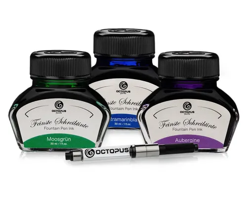 Octopus Schreibtinte Geschenkset - Moosgrün, Ultramarinblau, Aubergine - Tintenfässer für traditionelle Füllhalter & Federn, 3 x 30 ml hochwertige Tinte mit hoher Farbbrillanz und praktischem Konverter für nachhaltiges Nachfüllen.