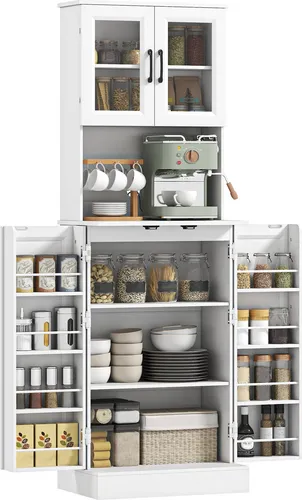 HOMCOM Küchenschrank Buffetschrank mit 4 Türen, Arbeitsplatte Hochschrank mit Verstellbaren Einlegeböden, 8 Türregalen, Kabelloch Moderner Vorratsschrank für Wohnzimmer, Küche 60 x 39,5 x 180 cm, Weiß