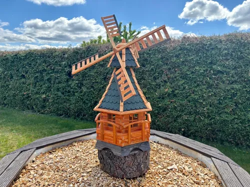 DARLUX XXL Garten-Windmühle Sechseck aus Holz kugelgelagert Braun/Grün H-120 cm