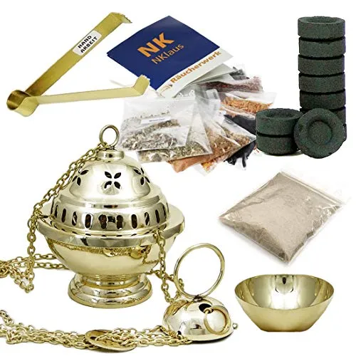 NKlaus Weihrauchschwenker Gold Set 14tlg - Räucherstäbchenhalter mit 14-teiligem Set, inklusive hochwertigem Weihrauch und Zubehör für entspannende Atmosphäre und Raumreinigung.