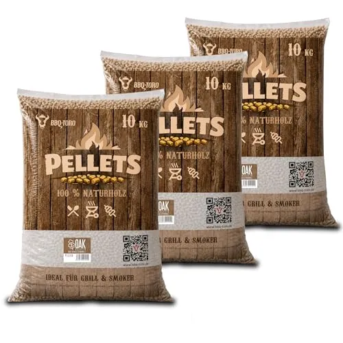 BBQ-Toro Grillpellets Eiche aus 100% Eichenholz | Vielseitige Pellets für Grill und Smoker (30 kg) - VIELSEITIG EINSETZBAR | Diese hochwertigen Grillpellets aus 100% Eichenholz sind ideal für Grills, Smoker und Heizungsanlagen. Sie bieten eine saubere Verbrennung mit minimalen Rückständen und garantieren ein intensives Raucharoma für Ihr BBQ.