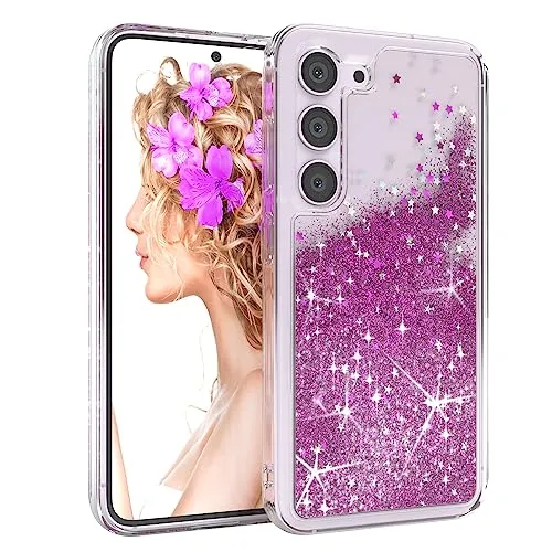 EAZY CASE Hülle kompatibel mit Samsung Galaxy S23 Schutzhülle mit Flüssig-Glitzer, Handyhülle, Schutzhülle, Back Cover mit Glitter Flüssigkeit, TPU/Silikon, Transparent/Durchsichtig, Lila