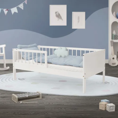 ML-DESIGN Kinderbett Bodenbett Juniorbett mit Rausfallschutz - Einzelbett für Kinder und Jugendliche, aus robustem MDF/Kiefer, ideal für sicheres Schlafen und Spielen mit integriertem Rausfallschutz.
