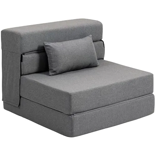 HOMCOM 3 in 1 Schlafsessel Klappbar Schlafsofa mit Bettfunktion Verstellbarer Rückenlehne Kissen Gästebett in Leinenoptik Klappsessel für Wohnzimmer Schlafzimmer 80 x 80 x 64 cm Grau