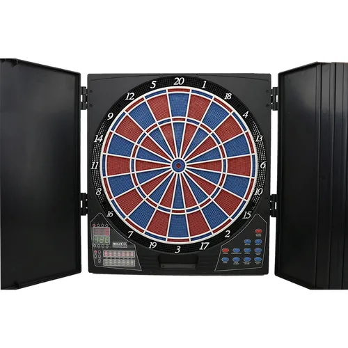E-Dart-Bull's Cabinet Lightning RB-Sou - Elektronische Dartscheibe mit Kabinett, ideal für bis zu 8 Spieler. Enthält 28 Spiele und über 131 Varianten, plus die Stimme des PDC-Callers Russ Bray. Perfekt für spannende Spielabende!